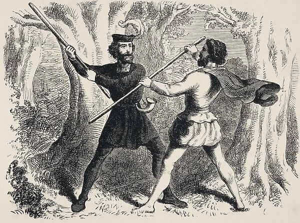Two Men Fighting With Quarter Staffs. Robin Hood And Little John. From The National And Domestic History Of England By William Aubrey Published London Circa 1890