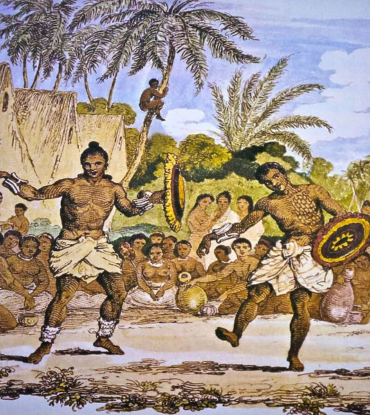 Two men hula dancing, Hawaiian themed art, circa 1816