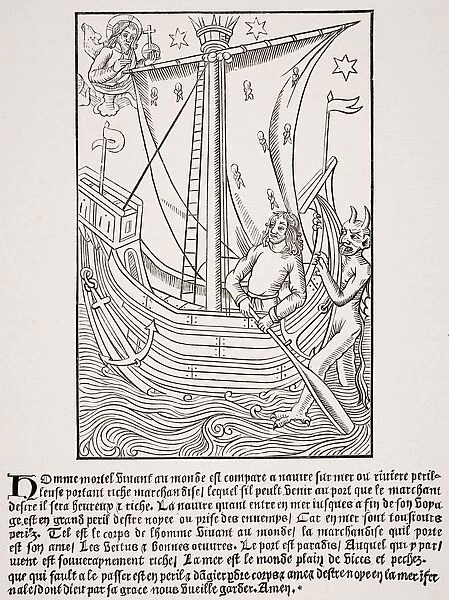 Merchant Vessel In A Storm. Facsimile Of Woodcut In Grand Kalendrier Et Compost Des Bergers By Nicolas De Rouge Printed Circa 1490