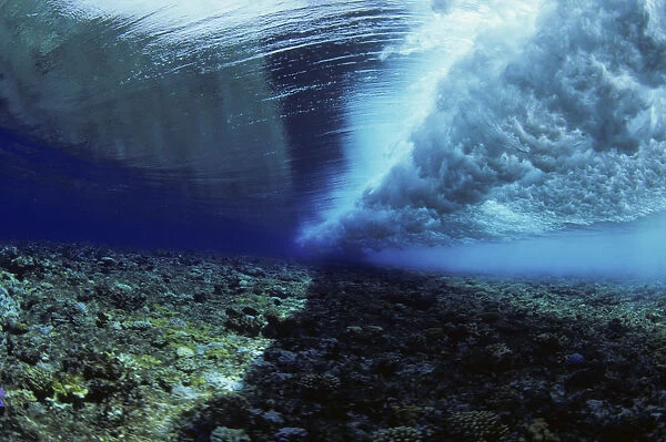 Micronesia, Ocean swell seen from underwater over reef; Yap