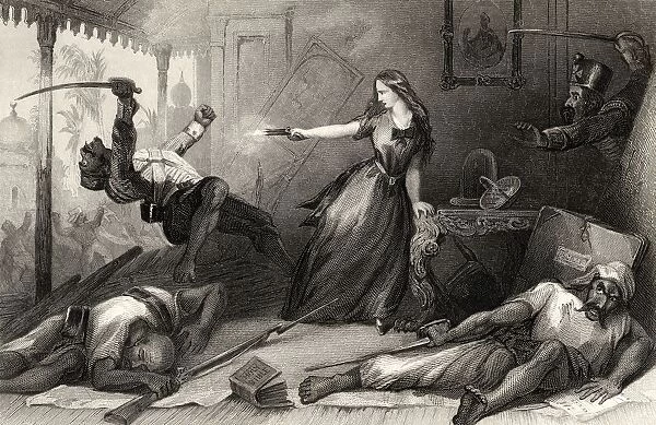 Miss Wheeler Defending Herself Against The Sepoys At Cawnpore 1857 From The History Of The Indian Mutiny Published 1858