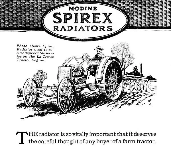 Modine Spirex Radiator Advertisement With Illustration Of Farmer On Tractor From Early 20th Century
