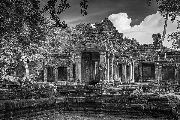 Monochrome facade of Preah Khan in trees, Angkor Wat, Cambodia