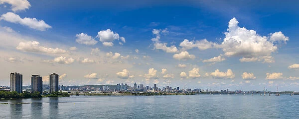 Montreal cityscape and St. Lawrence River viewed from Champlain Bridge, Montreal, Quebec, Canada