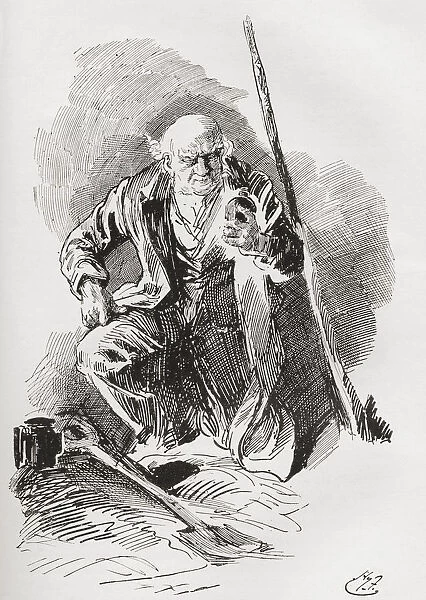 Mr. Boffin Among The Mounds. 'he Measured A Shovels Length From The Pole Before Digging. Then From The Cavity He Made He Took Out What Appeared To Be An Ordinary Case-Bottle;One Of Those Squat, High Shouldered, Short Necked Glass Bottles Which The Dutchman Is Said To Keep His Courage In. 'Illustration By Harry Furniss For The Charles Dickens Novel Our Mutual Friend, From The Testimonial Edition, Published 1910