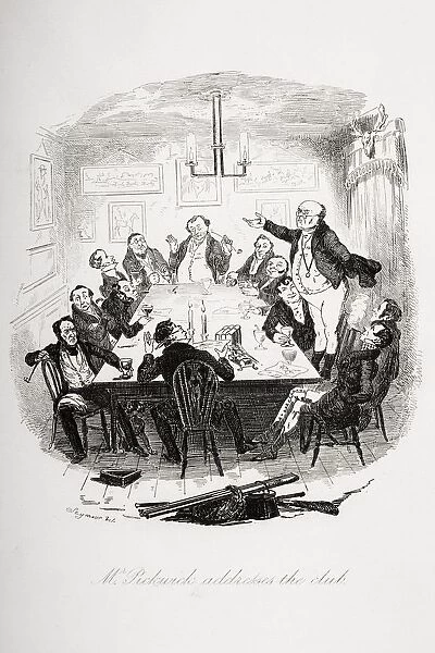 Mr. Pickwick Addresses The Club. Illustration From The Charles Dickens Novel The Pickwick Papers By Robert Seymour, 1800-1836