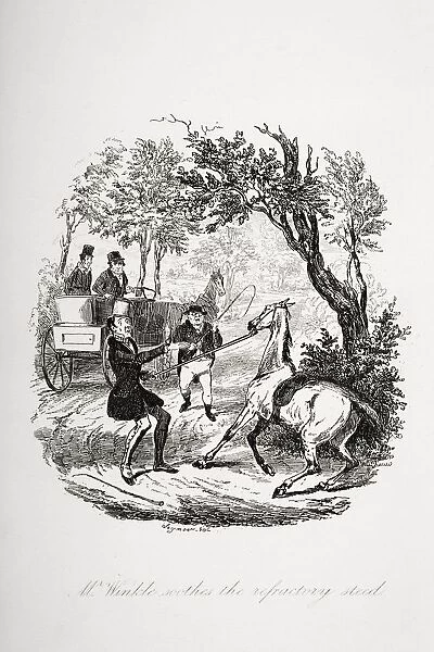 Mr. Winkle Soothes The Refractory Steed. Illustration From The Charles Dickens Novel The Pickwick Papers By Robert Seymour, 1800-1836