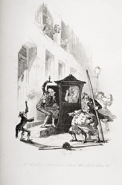 Mr. Winkles Situation When The Door Blew To. Illustration From The Charles Dickens Novel The Pickwick Papers By H. K. Browne Known As Phiz