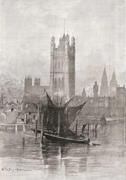 The New Palace of Westminster, City of Westminster, London, England, seen here after its reconstruction following the fire of 1834 which virtually destroyed the old palace. From London Pictures, published 1890