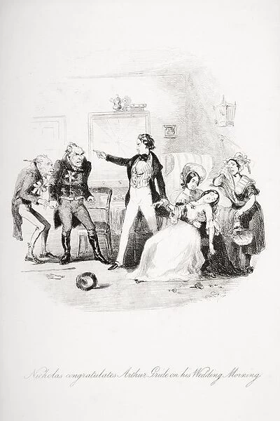 Nicholas Congratulates Arthur Gride On His Wedding Morning. Illustration From The Charles Dickens Novel Nicholas Nickleby By H. K. Browne Known As Phiz