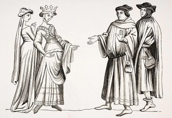 Noble Lady And Maid Of Honour And Two Burgesses With Hoods From Miniature In Merveilles Du Monde