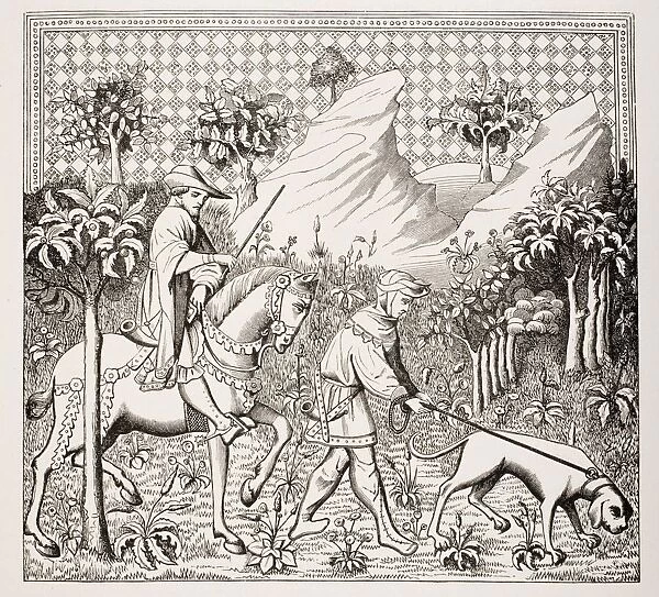Nobleman In Hunting Costume With His Servant And Dog. From 14Th Century Miniature From Des Deduitz De La Chasse Des Bestes Sauvaiges By Gaston Phoebus