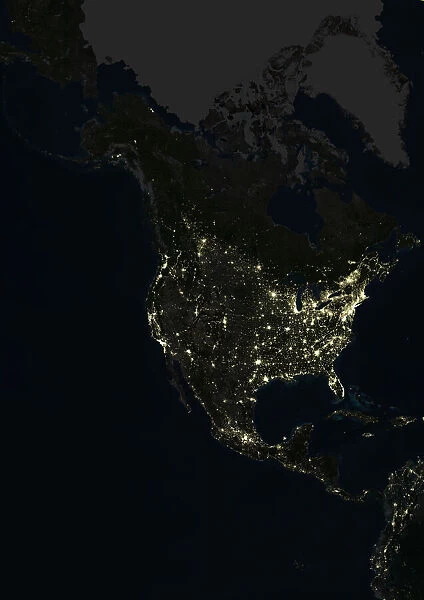 North America At Night, True Colour Satellite Image. True colour satellite image of North America at night. This image in Lambert Conformal Conic projection was compiled from data acquired by LANDSAT 5 & 7 satellites