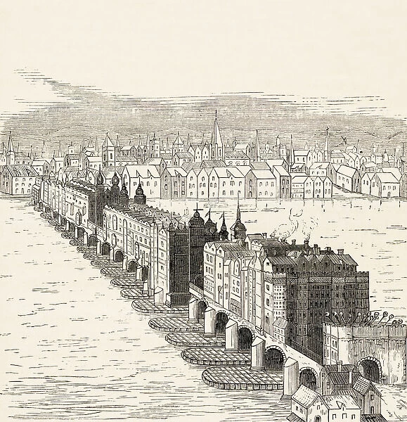 Old London Bridge, London, England Before The Great Fire Of 1666. From The Book Of Martyrs By John Foxe, Published C. 1865