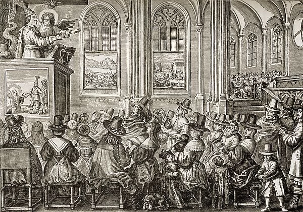 Oliver Cromwell, 1599-1658. English Soldier And Statesman. Oliver Cromwell Preaching To A Puritan Congregation. From A Dutch Satirical Print Published In 1651