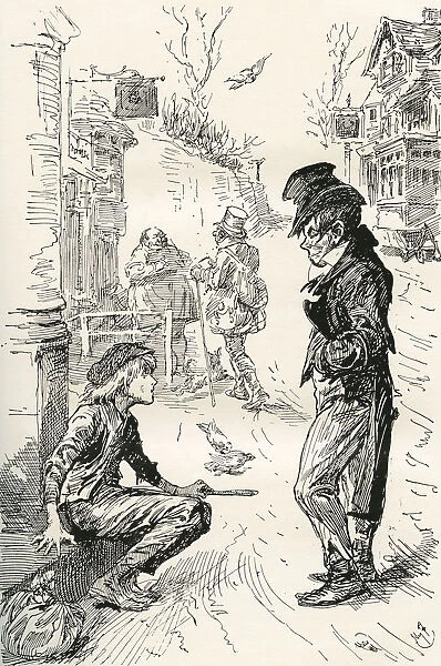 Oliver Falls In With The Artful Dodger. ' Hullo, My Covey, What's The Row?' Said This Strange Young Gentleman To Oliver. ' I Am Very Hungry And Tired,' Replied Oliver; The Tears Standing In His Eyes As He Spoke. ' I Have Walked A Long Way. I Have Been Walking These Seven Days.' Illustration By Harry Furniss For The Charles Dickens Novel Oliver Twist, From The Testimonial Edition, Published 1910