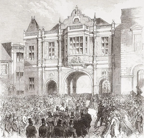 Opening of the new Corn Exchange, Aylesbury, England in the 19th century. The corn exchange was the place where farmers and grain merchants bartered for, and fixed the price of grain. From The Illustrated London News, published 1865