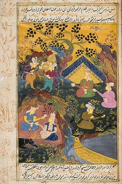 Painting From 17Th Century Persian Manuscript Drinking Party Outdoors By River Or Lake