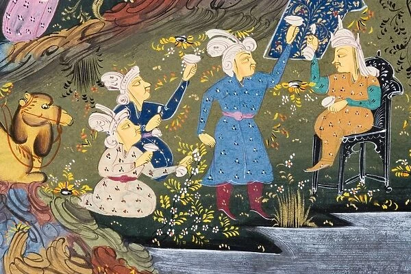 Detail From Painting From 17Th Century Persian Manuscript Hunters And Favourites Drinking With Noble Or King Outdoors By Shore Of Lake Or River