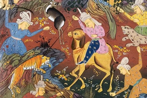 Detail From Painting From 17Th Century Persian Manuscript Man On Camel Spearing Tiger