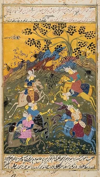 Painting From 17Th Century Persian Manuscript Men On Horseback Apparantly Playing Polo
