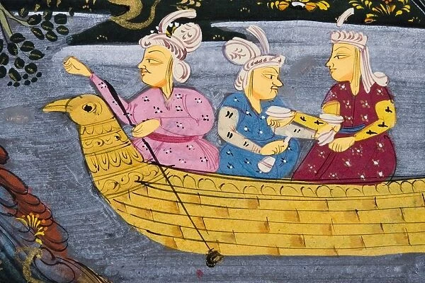 Detail From Painting From 17Th Century Persian Manuscript Men And Woman In Boat On River Or Lake Man Fishing From Boat