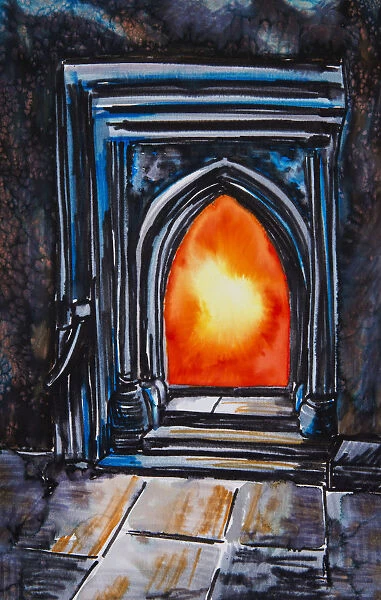 Painting Of A Glowing Orange Fire In A Fireplace