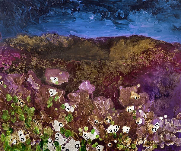 Painting Of Landscape With Storm Clouds Over A Mountain And Flowers