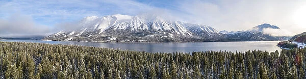 Panoramic aerial view of Tutshi Lake in winter, Yukon, Canada