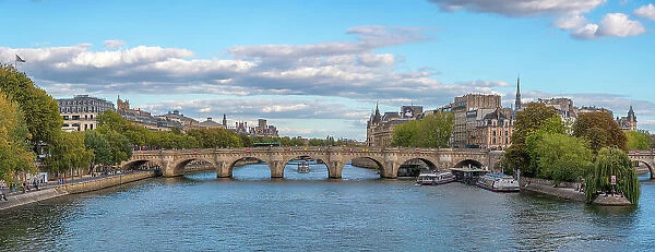 NA. Panoramic image of a bridge over the Seine River, Paris