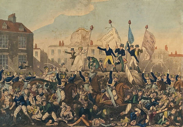 The Peterloo Massacre. The massacre took place on August 16, 1819 at St Peter's Field, Manchester, England, when the 15th Hussars, a cavalry regiment, charged with sabres drawn into an unarmed crowd who were demanding reform of parliamentary representation, killing 15 and wounding an estimated 500-plus. Engraving published by Richard Carlile, October 1, 1819