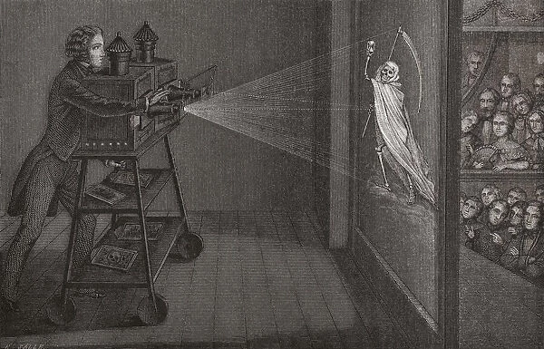 A phantasmagoria magic lantern horror show in the mid-19th century. After an illustration by an unidentified artist
