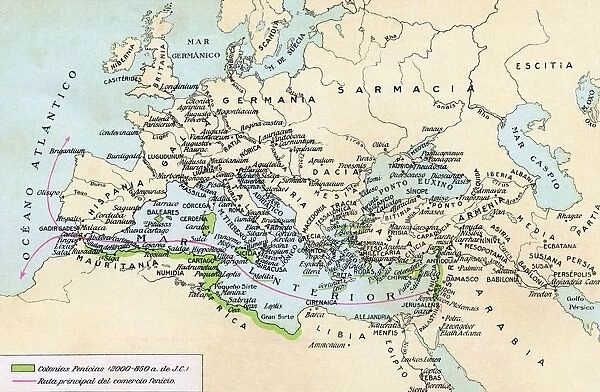Phoenician Colonies And Area Of Influence In The Mediterranean 200 To 850 B. C. Green Shows Colonized Areas. Red Shows Principal Routes Of Phoenician Commerce. From Historia De Las Naciones Published Circa 1921
