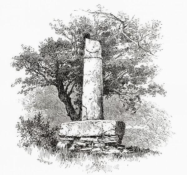 The Pillar of Eliseg, aka Elise's Pillar or Croes Elisedd, near Valle Crucis Abbey, Denbighshire, Wales, seen here in the 19th century. Erected by Cyngen ap Cadell, (c.790 - 855), king of Powys in honour of his great-grandfather Elisedd ap Gwylog. From Welsh Pictures, published 1880