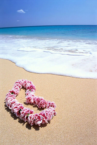 Pink Lei In Sand, Gentle Shore Waters, White Foam, Blue Ocean C1735