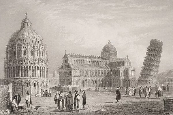 Pisa, Italy showing from left the Baptistry, the Duomo and the Leaning Tower. Engraved by W. Finden after S. Prout