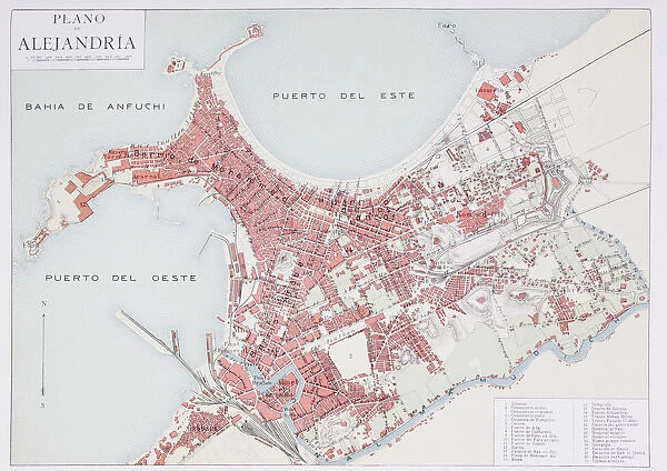 Plan Of Alexandria, Egypt At The Turn Of The 20Th Century. Map Is Edited In Spanish Language. From Enciclopedia Ilustrada Segu