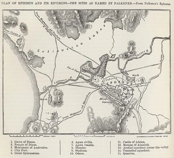 Plan Of Ephesus And Its Environs From Falkeners Ephesus With The Sites As Named By Edward Falkener From The Imperial Bible Dictionary Published By Blackie & Son Circa 1880S
