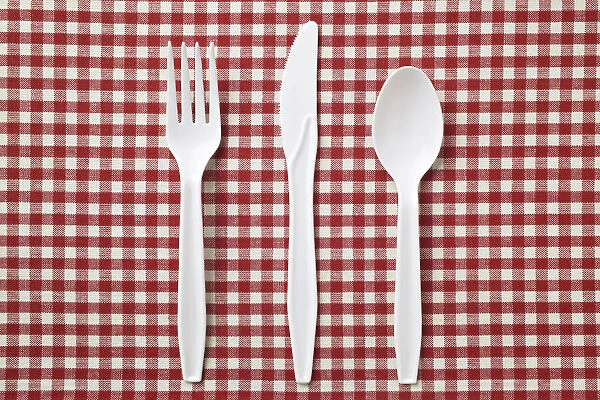 Plastic Cutlery on Checkered Tablecloth