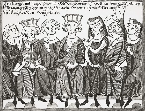 Poetical And Musical Congress At Wartburg In 1207. The Minnesingers, Walther Vogelweide, Wolfram Of Eschenbach, Reinmar Of Zweter, Henry Called The Virtuous Writer, Henry Of Ofterdingen And Klingsor Of Hungary. After A Miniature From A 14Th Century Manuscript From The Treatise On The Minnesingers. From Science And Literature In The Middle Ages By Paul Lacroix Published London 1878