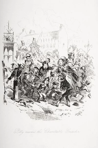 Polly Rescues The Charitable Grinder. Illustration From The Charles Dickens Novel Dombey And Son By H. K. Browne Known As Phiz