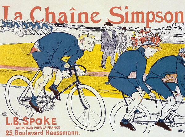 Poster for La Chaine Simpson, or the Simpson Chain created by French artist Henri de Toulouse-Lautrec in 1896. The Simpson chain was a new type of bicycle chain invented by Englishman William Spears Simpson in 1895. The main figure in the poster shows Constant Huret, a French cycling champion