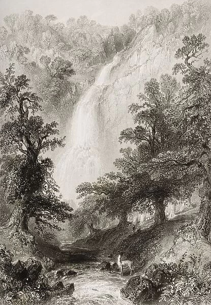Powerscourt Fall, County Wicklow, Ireland. Drawn By W. H. Bartlett, Engraved By J. Cousen. From 'The Scenery And Antiquities Of Ireland'By N. P. Willis And J. Stirling Coyne. Illustrated From Drawings By W. H. Bartlett. Published London C. 1841