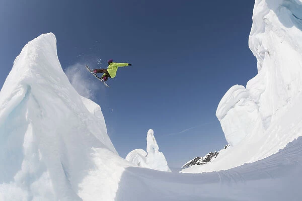 Professional Snowboarder, Kevin Pearce, Extreme Snowboarding On Formations On A Glacier, Haines, Southeast Alaska