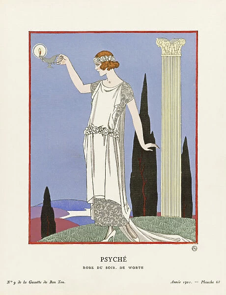 Psyche. Psyche. Robe du Soir de Worth. Evening dress by Worth. Art-deco fashion illustration by French artist George Barbier, 1882-1932. The work was created for the Gazette du Bon Ton, a Parisian fashion magazine published between 1912-1915 and 1919-1925