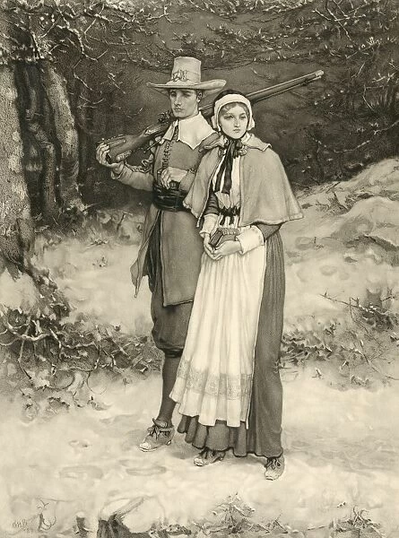 Puritan Couple On Way To Sunday Worship. From An 1885 Engraving By Thomas Gold Appleton After A Painting By George Henry Boughton