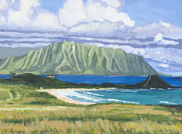 Pyramid Rock, Hawaii, Oahu, Pyramid Rock And Kualoa Point In Background (Acrylic Painting)