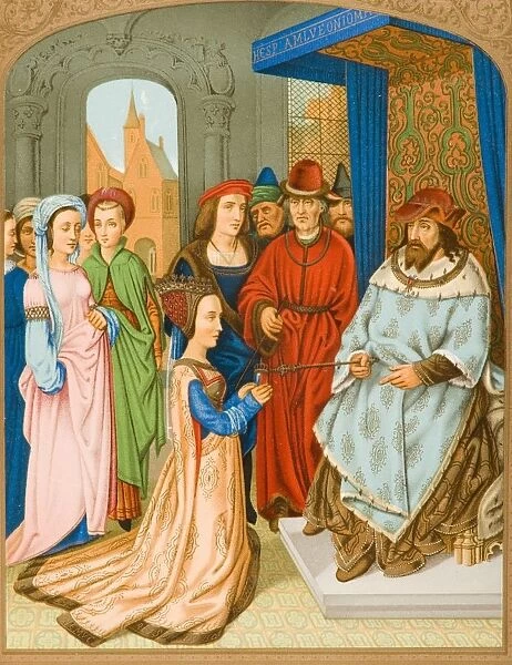 The Queen Of Sheba Before Solomon. 15Th Century Costume. Facsimile Of Miniature From Breviary Of Cardinal Grimaldi Attributed To Memling In Library Of San Marco Venice
