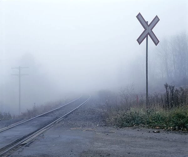 Railway Crossing In The Fog