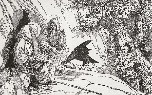 The raven who brought bread to St. Anthony and St. Paul of Thebes. Saint Anthony or Antony, 251 - 356. Christian monk from Egypt. St. Paul of Thebes, aka Paul, the First Hermit or St. Paul the Anchorite, c. 226  /  7-c. 341. The first Christian hermit. From The Book of Saints and Heroes, published 1912